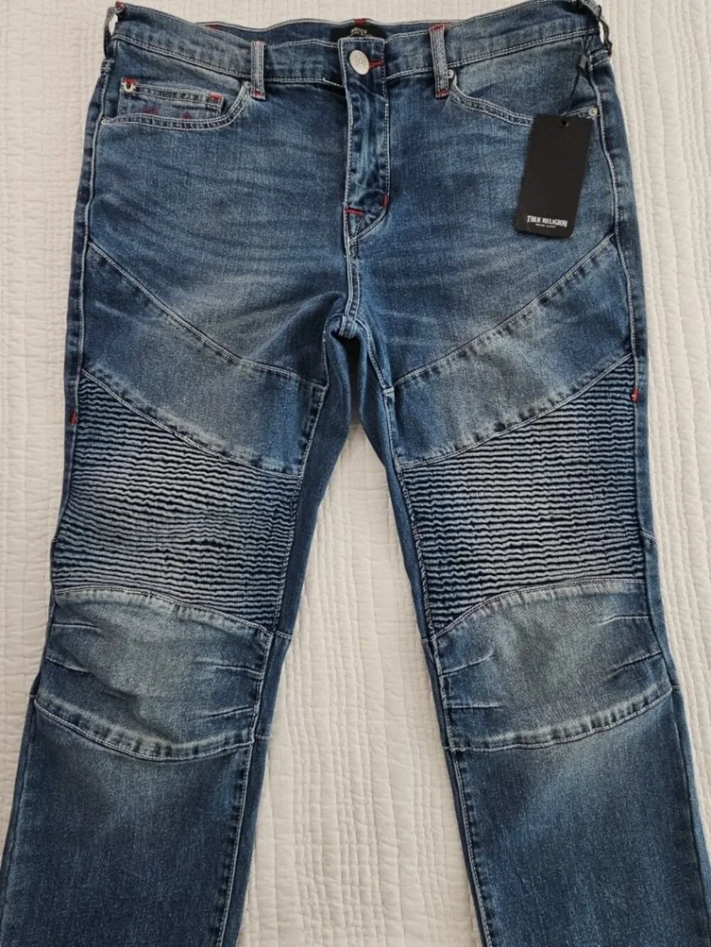 True Religion Rocco Moto Jeans‎ Men's 33x32 Med Wash NEW Relaxed Skinny 700680